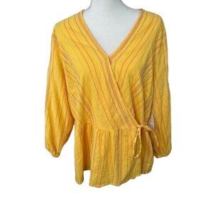 Time & Tru Women's Yellow Wrap Blouse Top Peplum Striped V-Neck Size XL 16-18